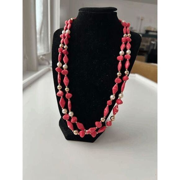 Coral/Pink And Gold Color Long Double Strand Bohemian Necklace - Picture 1 of 6